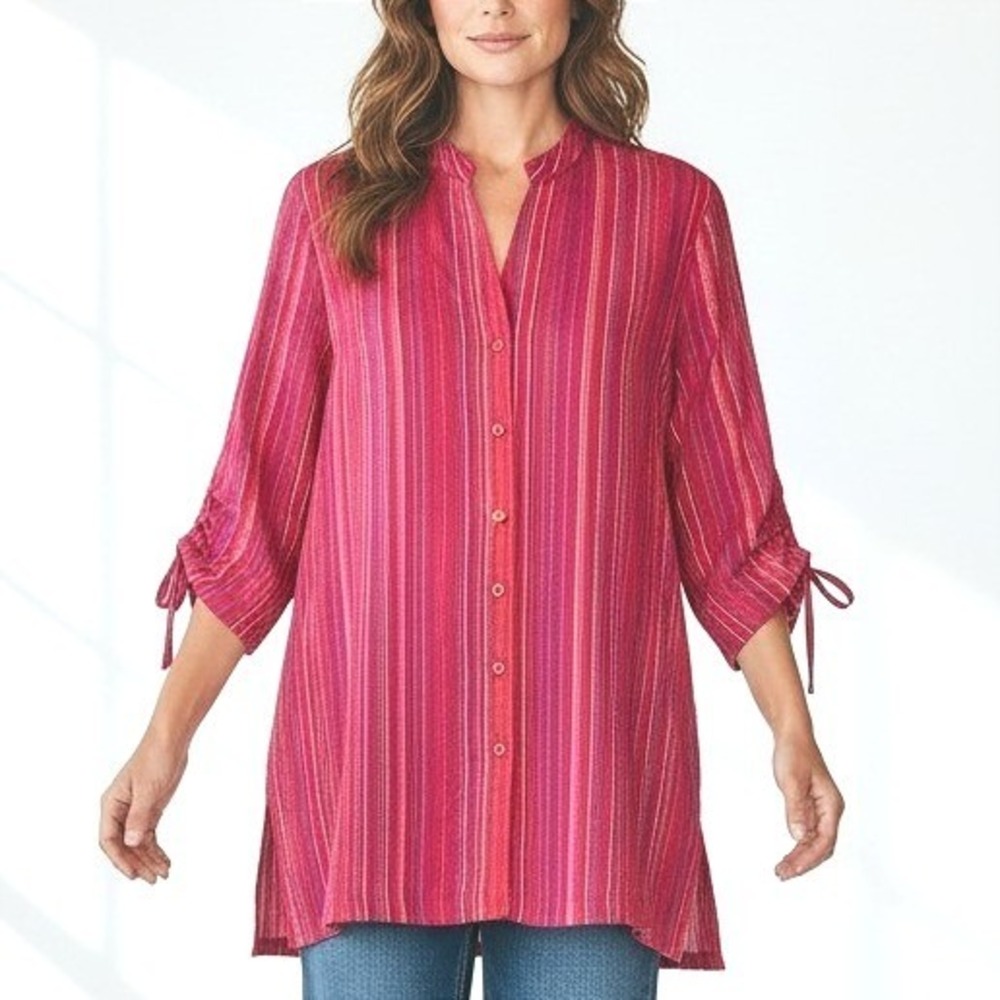 Karen Scott Sport Womens Red Striped Cotton Blouse Ruched 3/4 Sleeve Medium
